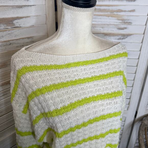 AMOUR VERT NEW Women's Lar  Stripe Novelty Sweater Ivory Lime Cotton Linen Gauze - Picture 9 of 16